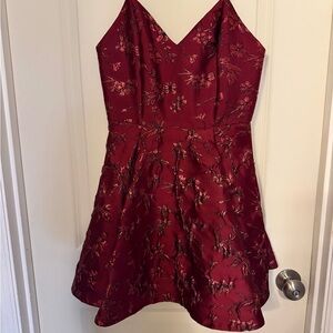 Alice & Olivia Red Metallic Floral Dress Short Fit & Flare Spaghetti Straps SZ 4